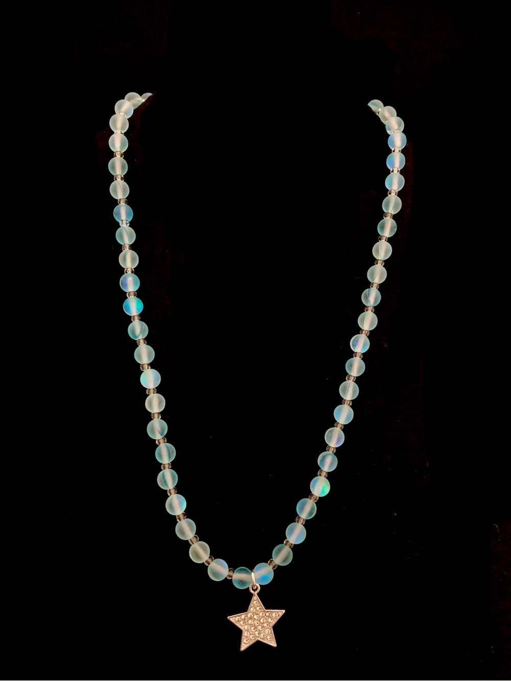 Opalescent Blue Beaded Necklace with Star Pendant